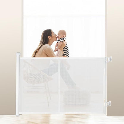 120 inches Extra Wide Baby Gate, 34 inches Tall Retractable Pet Gate for Large Openings, Hallways, Room Dividers, Mesh Safety Barrier for Indoor Outdoor Use, White