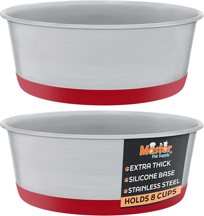 Master Pet Supply Stainless Steel Dog Bowls Set of 2 with Extra Thick Silicone Base - 8 Cup (64 oz) Crimson Red, Non-Slip, Dishwasher Safe Metal Bowls, Pet Dog Food Bowl for Dogs, Cats, Anti Rust