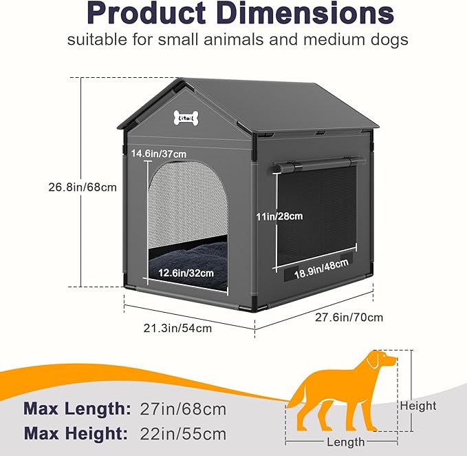 Large Dog House Indoor with Plush Cushion, Dog Kennel for Inside with Sturdy Frame, Waterproof Pet House Suitable for Small Medium Dogs, 27x21x27in, Gray