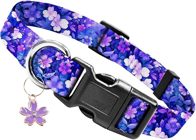 Kazazoo Dog Collar Cute and Soft Nylon Puppy Collar Girl, Adjustable Dog Collars for Small Medium Dogs, Purple Flowers-XS