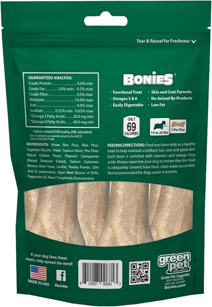 Bonies Natural Skin & Coat Formula Small-Sized Single Bone - Promote Silky Coat & Healthy Skin, Healthy Teeth & Fresh Breath, Low Calories - Chicken Flavor, Small Dogs, 15 Count