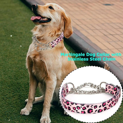 Pink Leopard Martingale Dog Collar - No-Pull Training Collar with Chain, Soft & Durable Design for Medium, Large & XL Dogs (Large Pink Leopard)