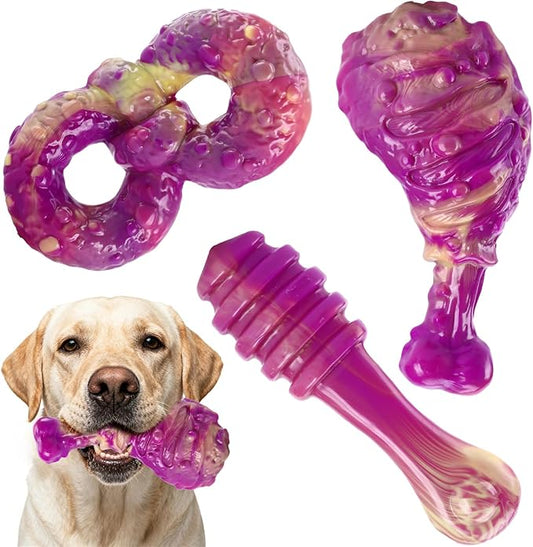 WinTour Dog Chew Toys for Aggressive Chewers 3 Pack, Indestructible Dog Toy to Keep Them Busy, Tough Dog Toys for Aggressive Chewers for Small, Medium and Large Breeds, Beef Flavor, Purple
