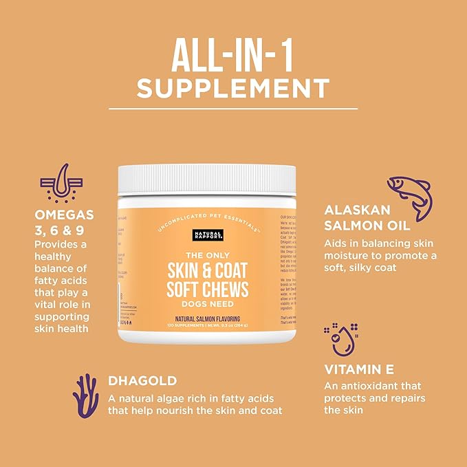 Natural Rapport Dog Skin and Coat Supplement - The Only Skin and Coat Soft Chews Dogs Need - 120ct Treats that Contain Salmon Oil and Omegas 3, 6, & 9