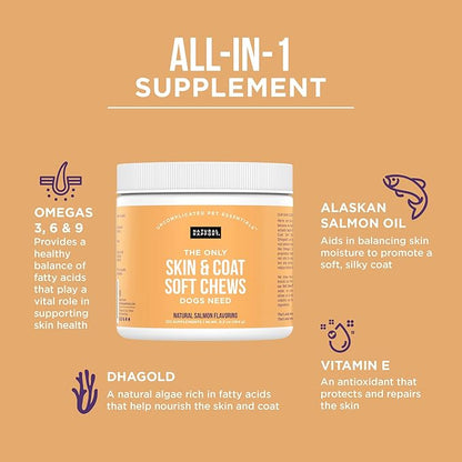 Natural Rapport Dog Skin and Coat Supplement - The Only Skin and Coat Soft Chews Dogs Need - 120ct Treats that Contain Salmon Oil and Omegas 3, 6, & 9