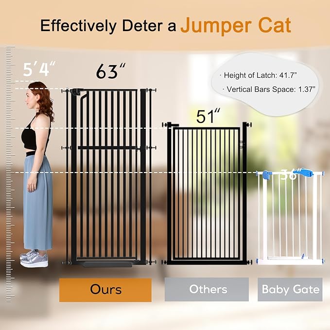 Senneny 63" Extra Tall Cat Gate Auto Close & One-Hand Open, Includes Extension Kit, No Drilling Pressure Mounted & Wall Mounted, Metal Pet Gate Fits Openings 45.2" to 49.2" Wide, Black