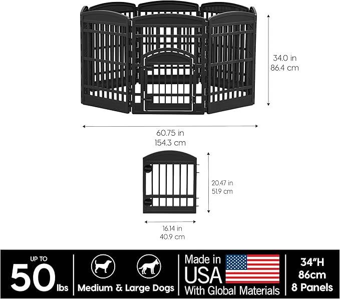 IRIS USA Dog Playpen with Door, 34” 8 Panel Pet Exercise Pen – Indoor Outdoor Puppy Play Pen, Portable Plastic Pet Fence for Small Medium Dogs, Foldable 63” x 63” x 34”, Black