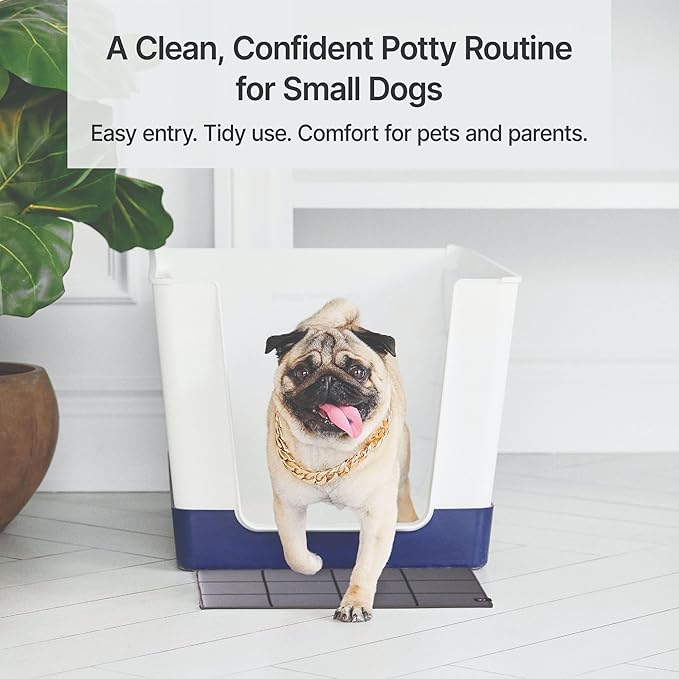 Indoor Dog Potty with High Walls and Low Entry for Small Dogs — Vertical Pad Holder, Splash Guard, and Clean Modern Design by DoggyBathroom (Regular, Navy Blue)