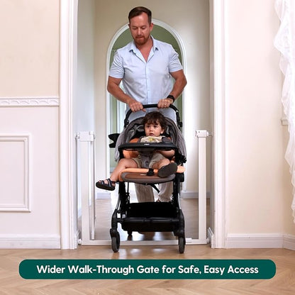 Babelio Baby Gate for Doorways and Stairs, 41-46" Pet Gate with Wide Walk Thru Door and Lock Indicator, No Drill Pressure Mounted Safety Gate with Double Lock and Self-Closing, White