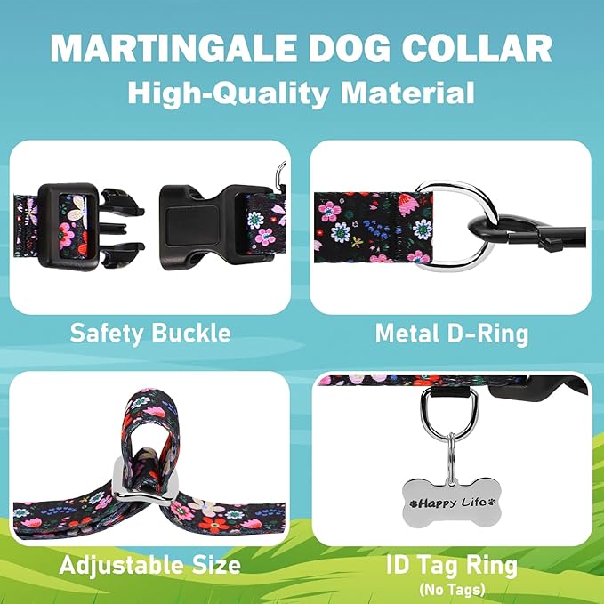 Martingale Dog Collar with Buckle Adjustable Nylon Limited Slip Training Floral Dog Collars (Black Pink Red, Large)