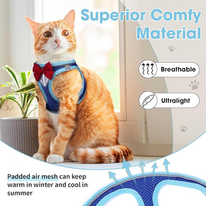 Cat Vest Harness and Leash Set for Walking Escape Proof, Adjustable Kitten Harness Breathable Mesh with Reflective Strips Harness for Kitty Puppy Bunny (Blue, S)