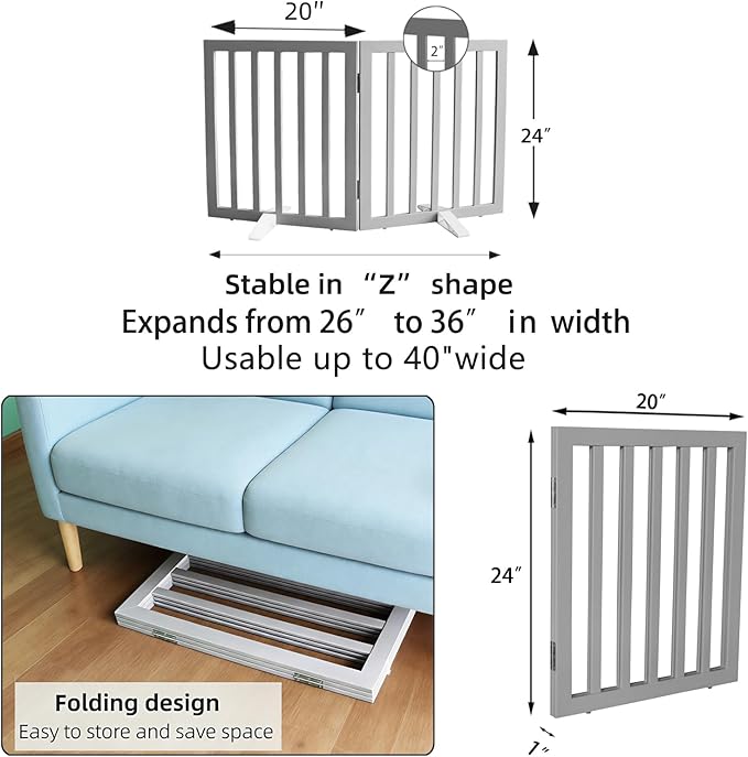 ZJSF Freestanding Indoor Dog Gate for House Foldable Wood Puppy Gate for Doorways Pet Gate for Stairs Extra Wide Pet Fence, Grey, 24" Height 2 Panels