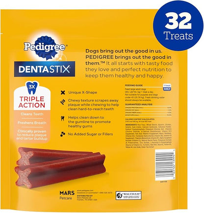 Pedigree Dentastix Dog Dental Treats, Large Breed Dog Treats, Bacon Flavor, 1.67 lb. Bag (32 Treats Total)