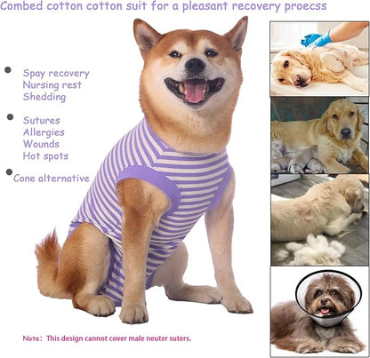 Dog Recovery Suit Female Spay Male Surgery Recovery Large Shirt,Soft Combed Cotton Puppy Suit,L Purple-White Striped