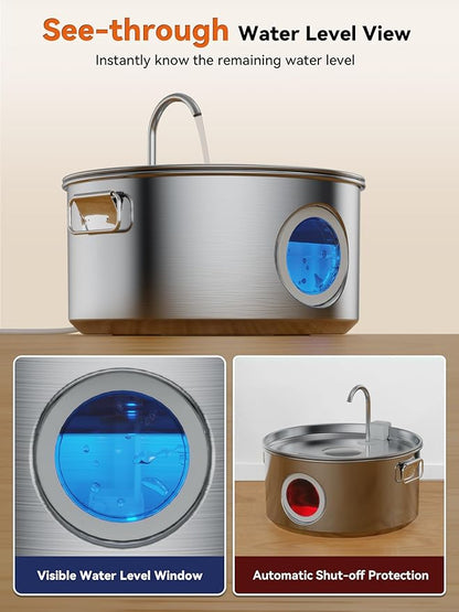 Dog Water Fountain for Large Dogs, 3.2Gal/406oz/12L Stainless Steel Pet Water Fountain, Quiet Dog Water Bowl Dispenser with Visible Window for Large Dog, Multi-pet Home