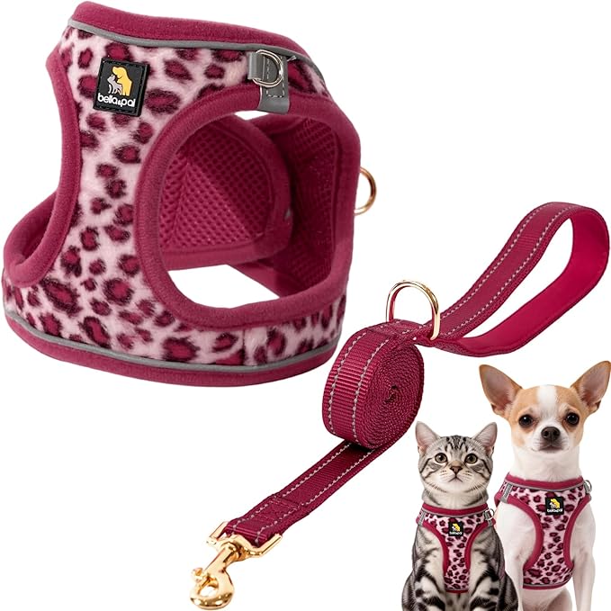 BELLA & PAL Step in Vest Harness for Small and Medium Dogs, No Pull Small Dog Harness with Leash Set, Comfortable Air Mesh Dog Vest Harness with Reflective Strip (Pink Leopard, M)