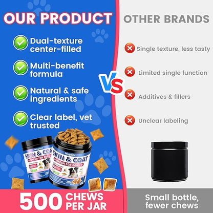 Omega 3 for Dogs, 500 Chews Skin & Coat Supplement for Dog, Salmon Flaxseed Fish Oil for Dogs, Dry & Itchy Skin Relief, Allergy Support Anti Shedding - Vitamin E- EPA & DHA - Chicken Krill Flavor