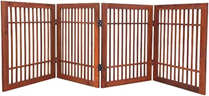 Urnporium Freestanding Wooden Dog Gate Foldable Indoor Pet Gate No Drill Expandable Barrier for Doorways Stairs Hallways Portable Wood Fence for Small Dogs & Puppies (Brown Pet Gate, 4 Panel 24" Tall)