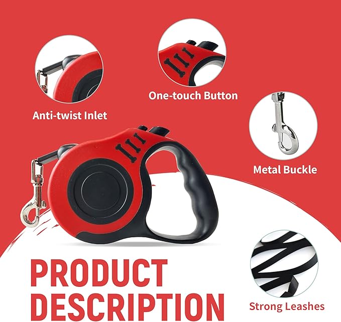 Retractable Dog Leash Automatic Telescopic Tractor Dog Tape, Pet Tape 10/16 FT Durable and Convenient, with Non-Slip Handle, Suitable for Small and Medium-Sized Dogs Red