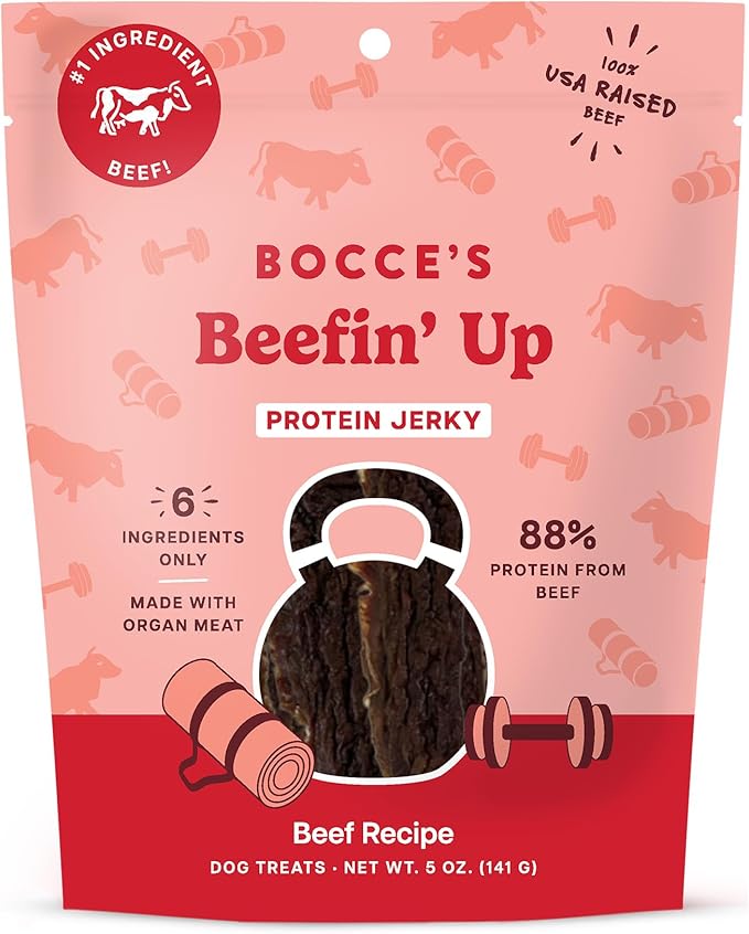 Bocce's Bakery Beefin’ Up Beef Jerky Protein Cuts Dog Treats – Natural & High-Protein, Wheat-Free, Made with Limited and Real Ingredients – Baked in The USA with No Added Salt or Sugar, Beef, 5oz