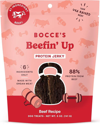 Bocce's Bakery Beefin’ Up Beef Jerky Protein Cuts Dog Treats – Natural & High-Protein, Wheat-Free, Made with Limited and Real Ingredients – Baked in The USA with No Added Salt or Sugar, Beef, 5oz