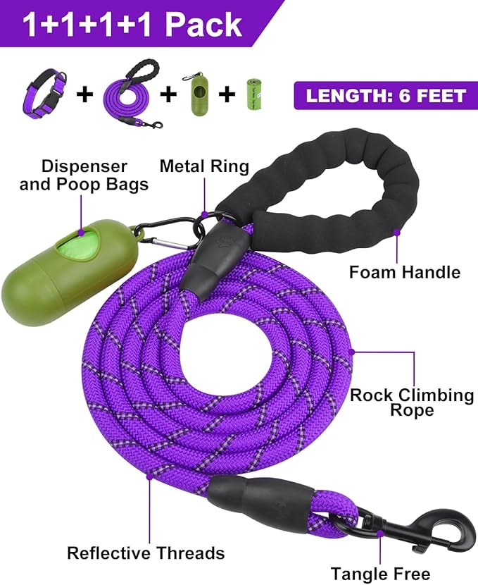 Dynmeow Reflective Dog Collar and Leash Set, 6FT Strong Climbing Rope Leash with Padded Handle, Adjustable Pet Collar with Soft Neoprene Padding for Small Medium Dogs, Purple, S