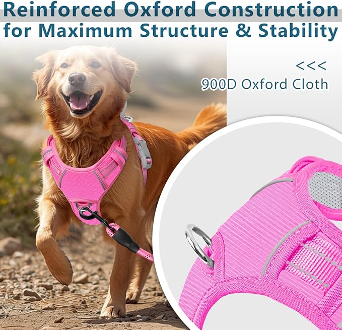 BARKBAY Dog Harness No Pull Oxford with ID Tag Pocket - Heavy Duty, Reflective, Easy Control for Large Dogs(Pink Oxford,XL)