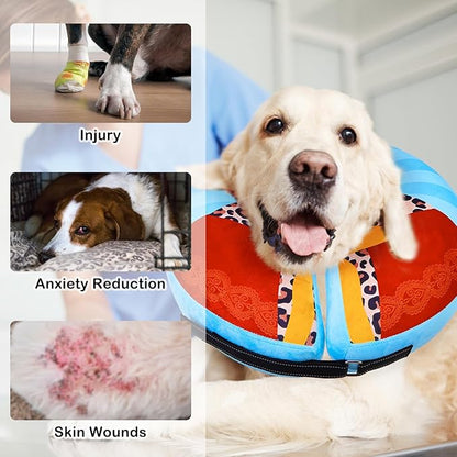 SCENEREAL Dog Cone Alternative After Surgery Donut Collar, Soft Pet Recovery Pillow Collar for Medium Large Dogs, Inflatable Adjustable Neck Collars to Prevent Licking, King Print E-Collars L
