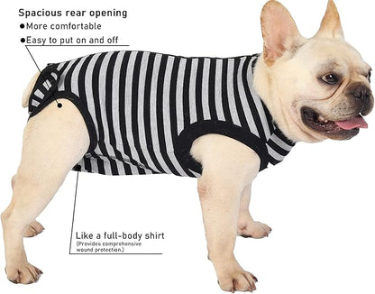 Dog Recovery Medium Suit,for Female Male Surgery,Spay,Neuter Recovery Shirt,Zipper Closure Cotton Striped Wounds Protect Suit,Black Striped M