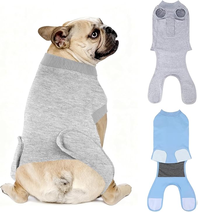 2 Packs Breathable Cotton Dog Recovery Suit for After Neuter Spay Abdominal Wounds Protector, Professional Anti-Licking Onesies for Male Female Pets Surgery Bandages, M Grey Blue Pure