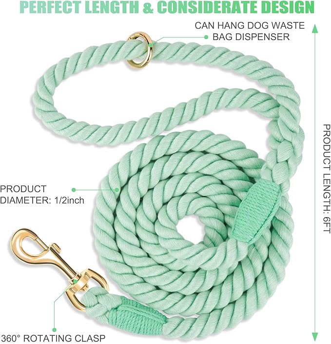 Dog Leash 6 FT Handmade Braided Cotton Rope Leashes for Small Medium and Large Dogs, New Golden Heavy Duty Metal Clasp, Light Green