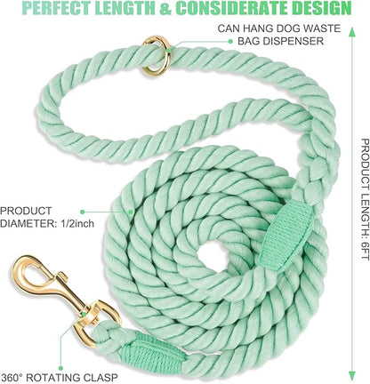 Dog Leash 6 FT Handmade Braided Cotton Rope Leashes for Small Medium and Large Dogs, New Golden Heavy Duty Metal Clasp, Light Green