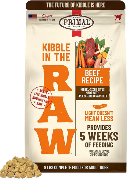 Primal Kibble in The Raw, Freeze Dried Dog Food, Beef, Scoop & Serve, Made with Raw Protein, Whole Ingredient Nutrition, Crafted in The USA, Dry Dog Food 9 lb Bag