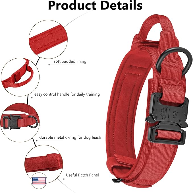 DAGANXI Tactical Dog Collar, Adjustable Military Training Nylon Dog Collar with Control Handle and Heavy Metal Buckle for Medium and Large Dogs, with Patches and Airtags Case (Red-Set, L)