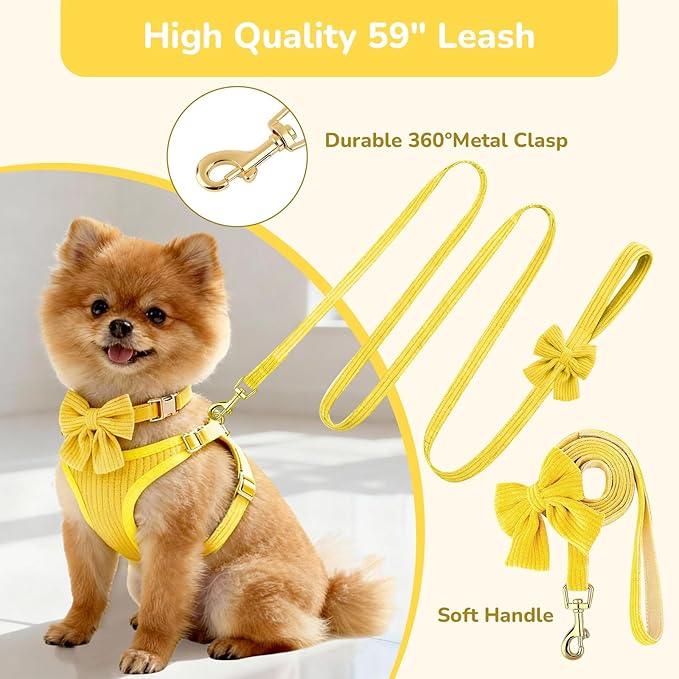 Small Dog Collar Harness and Leash Set, Dog Harness no Pull with Bowtie, Breathable Cotton Adjustable Pet Puppy Harness, Easy Walk Dog Harness, M(16-21")