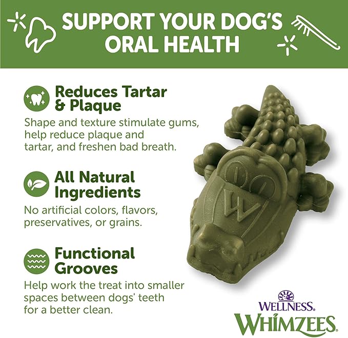 Whimzees Wellness Alligator Dog Dental Treat, Chews, Freshens Breath, Small Size, 12.7 oz Bag, 24 Count