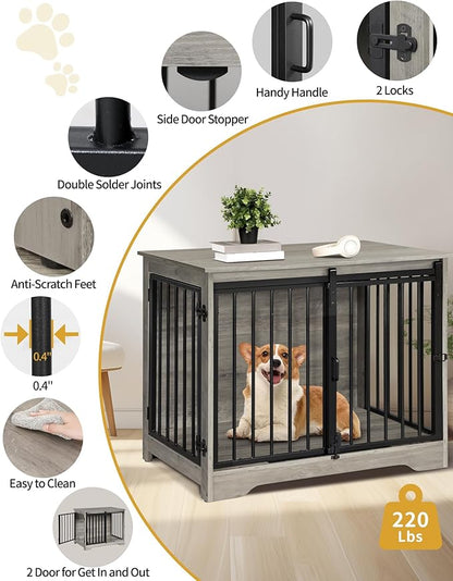 Hzuaneri 31.9" Dog Crate Furniture with Barn Door, Heavy Duty Dog Kennel Indoor with 2 Doors, Wooden Pet Cage End Table for Small Medium Dogs up to 44 lb, Anti-Chew Anti-Escape, Greige DFC83605B