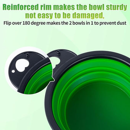 SLSON Collapsible Dog Dual Bowls Reinforced Rim 180 Degrees Flip Over Foldable Double Bowl with Lock Clips More Stable Dog Travel Bowls Pet Food Water Feeder (Green)