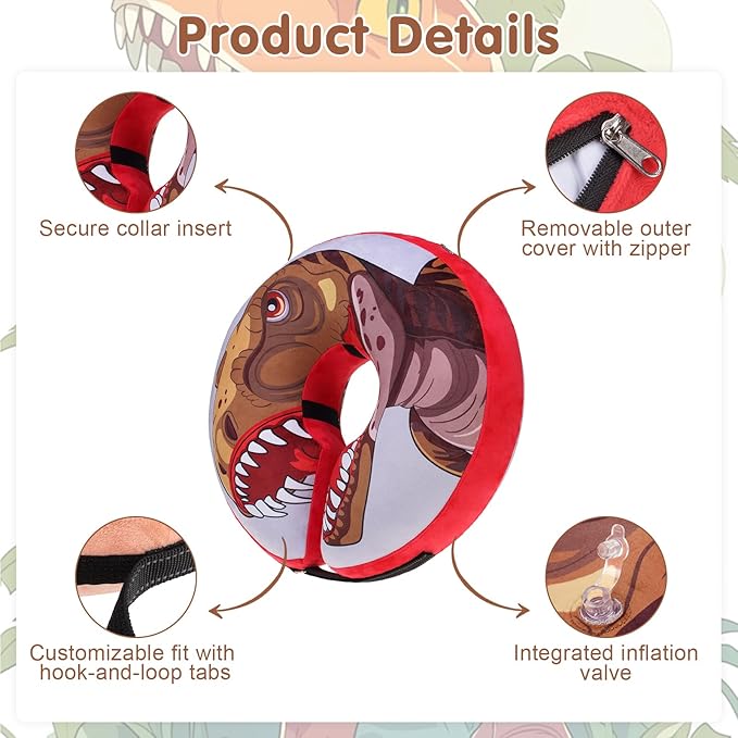 BEAUTYZOO Dog Cone Alternative After Surgery for Large Medium Small Dogs, Soft Inflatable Cone Collar for Dogs Cats, Pet Neck Donut E Collar Dog Recovery Collars to Stop Licking, Dinosaur, XL