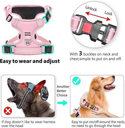 Timos Dog Harness Large Sized, No Pull Pet Harness with Neck Lockable Snap,No Choke Front Clip Dog Reflective Vest,Adjustable Metal Rings 3 Buckles,Easy Control Handle for Large Dogs Pink L