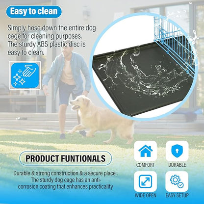 Large Dog Crate Kennel Metal Dog Cage for Medium Large Dogs Double-Door Folding Travel Indoor Outdoor Puppy Playpen with Divider and Handle Plastic Tray,42",Blue