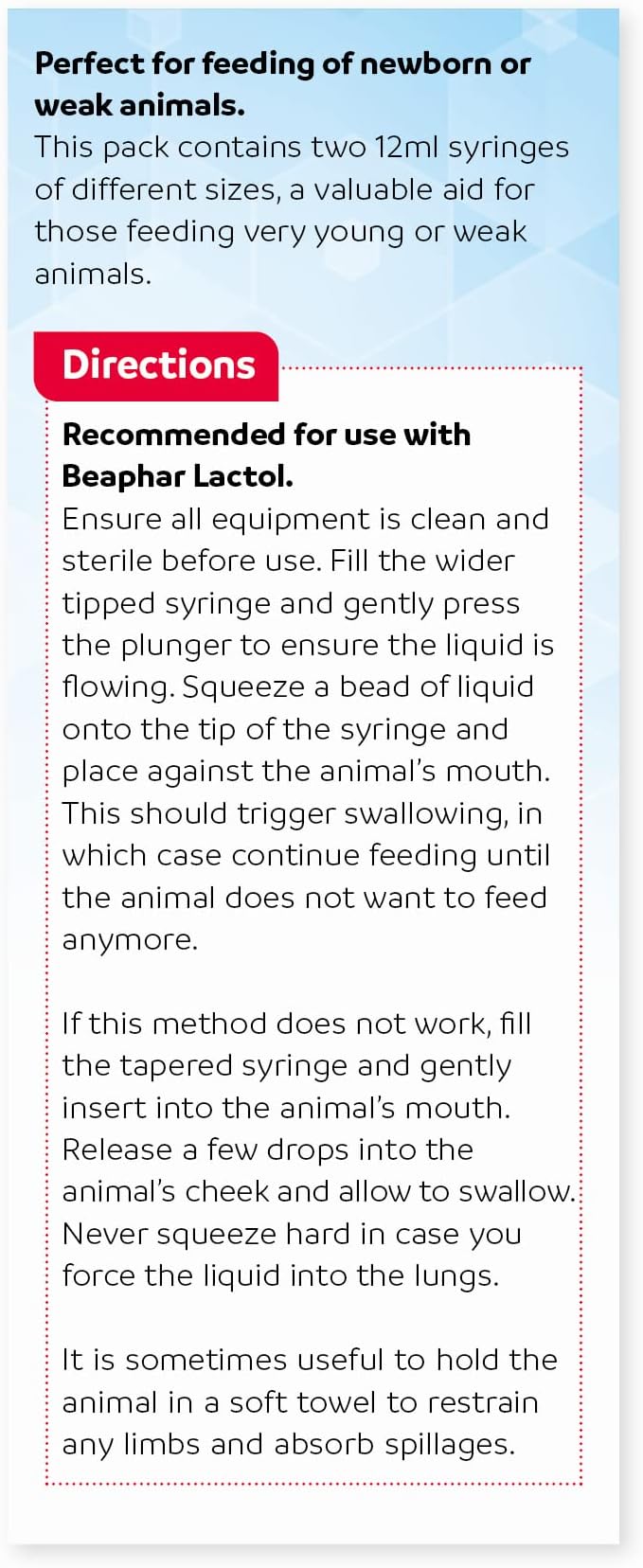 Beaphar | Lactol Feeding Syringes | for use with Milk Replacer | Helps Feed New-Born, Convalescing & Sick Pets | Specially Designed for Young Animals | 2 x 12ml Syringes