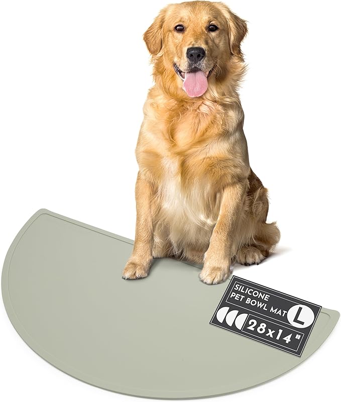 Should We Go - Waterproof Silicone Pet Food Mat - Non-Slip, Spill-Proof Feeding Mat for Floors, Raised Edge Design, Easy-to-Clean, Rubber Pad for Dog & Cat Bowls, 28" Across x 14" Deep, Large-Sage