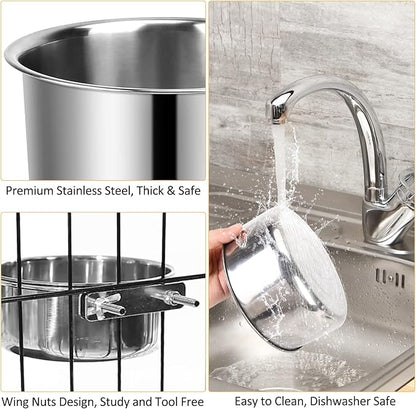 Dog Crate Water Bowl, 2 pcs Stainless Steel Large Dog Bowls 40oz & 60oz, Durable Anti-Spill Pet Metal Bowls for Cage Kennel Crate, Hanging Water/Food Bowl for Medium & Large Dogs