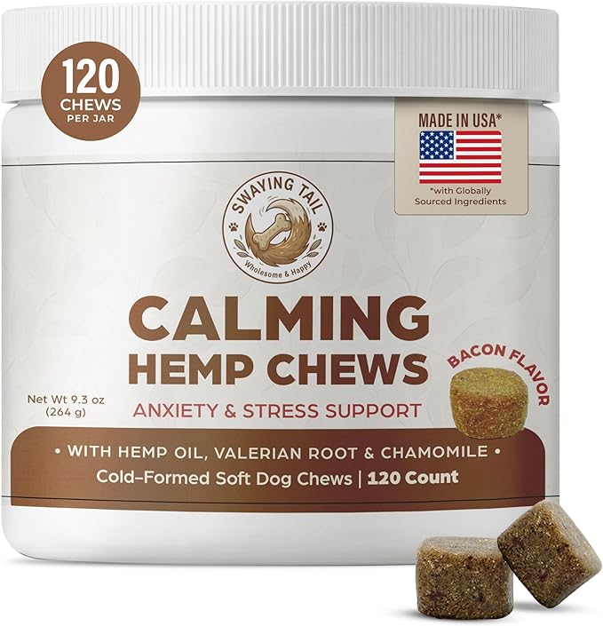 Bacon Calming Bites for Dogs - Separation Anxiety Relief & Stress Support - Hemp Calming Treats for Dogs - No Melatonin - 120 Bacon Flavor Soft Chews