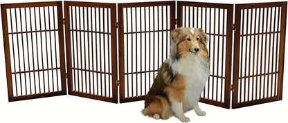 Urnporium Pet Dog Gate Freestanding, Strong Durable Folding Wooden Fence, Portable Acacia Hardwood Safety Barrier for Indoor & Outdoor Use (Brown Pet Gate, 5 Panel 30" Tall)