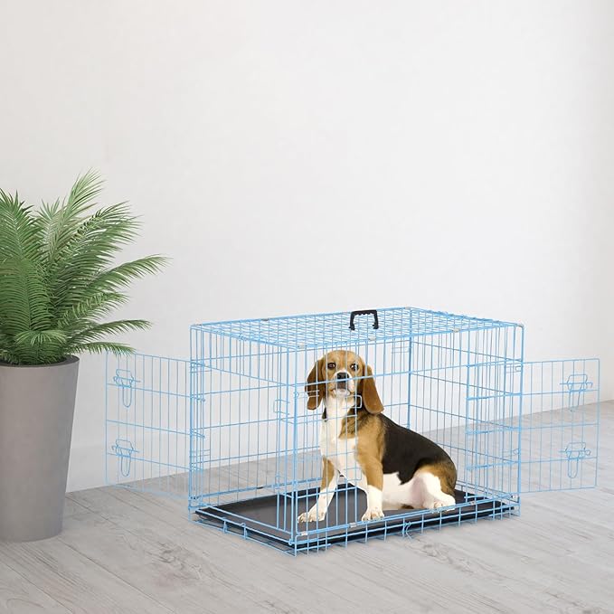 36 inch Dog Crates for Medium Dogs Folding Metal Wire Dog Cage Kennel, Indoor Outdoor Dog Crate Kennels with Handle&Proof Tray Portable Pet Kennel Blue
