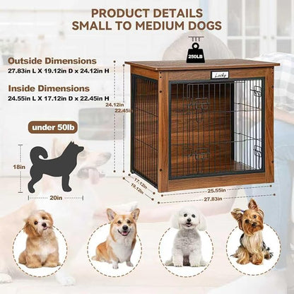 Walnut Dog Crate Furniture with Reversible Side Door, 28inch Wooden Indoor Dog Kennel for Small Medium Dogs, End Table Dog Crate with Double Locks & Steel Mesh, Furniture Style Dog Cage