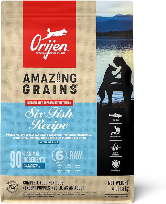 ORIJEN Amazing Grains High Protein Dry Dog Food Six Fish Recipe 4lb Bag