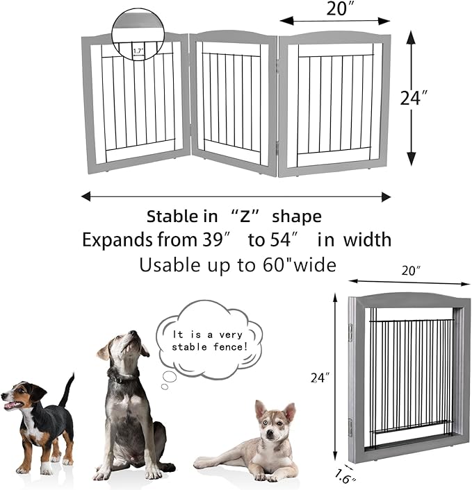 ZJSF Freestanding Foldable Dog Gate for House Extra Wide Wooden Grey Puppy Gate Stairs Dog Gates Doorways Tall Pet Gate 24" Height 3 Panels Pet Fence